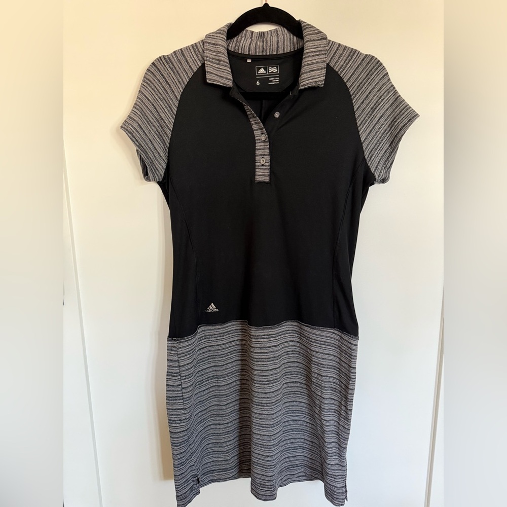 D37 Adidas Size 6 Tennis Pickleball Black Gray Striped Dress with Ball Pocket